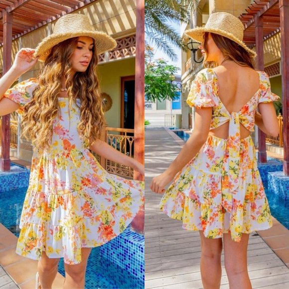 Dresses & Skirts - Yellow Floral Print Short Sleeve Open Back Mini Dress